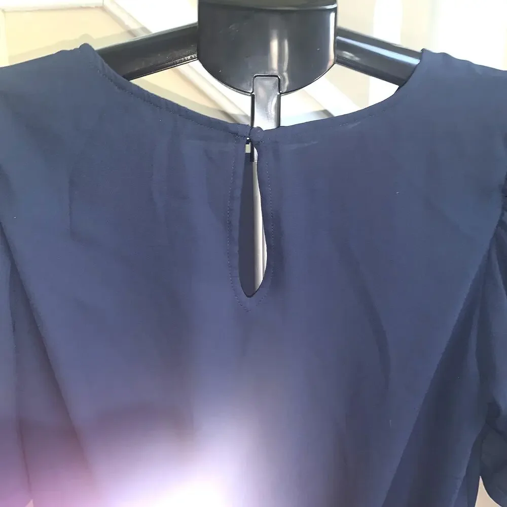 Banana Republic Short Sleeve Blouse Medium Navy Blue Puff Sleeve